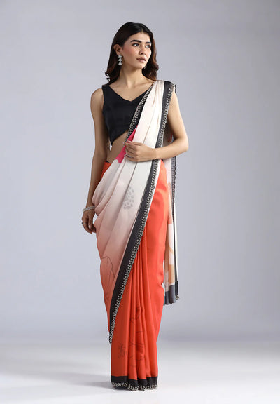 Monochrome Muse Black & Ivory Crepe Saree with Botanical Art