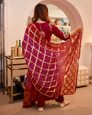 MAROON ANGRAKHA BANDHEJ SUIT SET