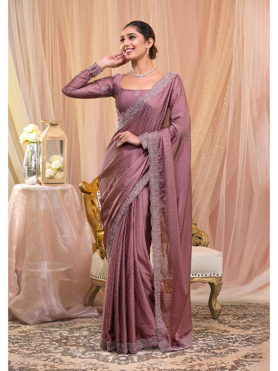 Women's Mauve Rangoli Silk Heavy Embroidered Saree with Unstitched Blouse