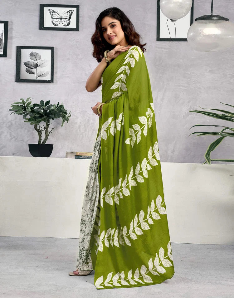 Ready To Wear Green Cotton Printed Saree