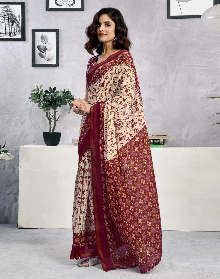 Ready To Wear Light Beige Cotton Warli Printed Saree
