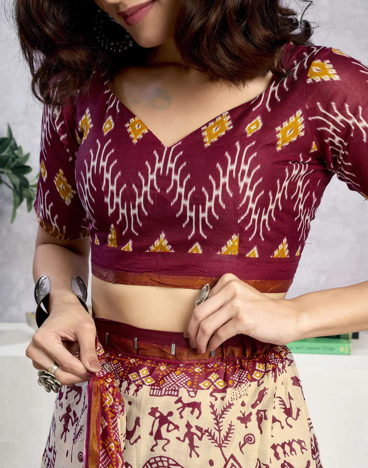 Ready To Wear Light Beige Cotton Warli Printed Saree