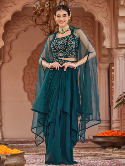 Dark Teal Hand Embroidered Georgette Dress 3967