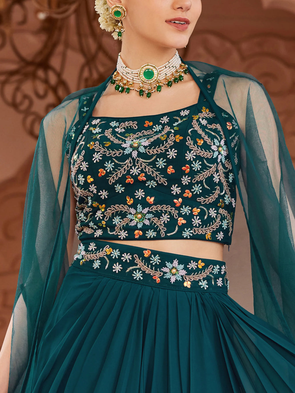 Dark Teal Hand Embroidered Georgette Dress 3967