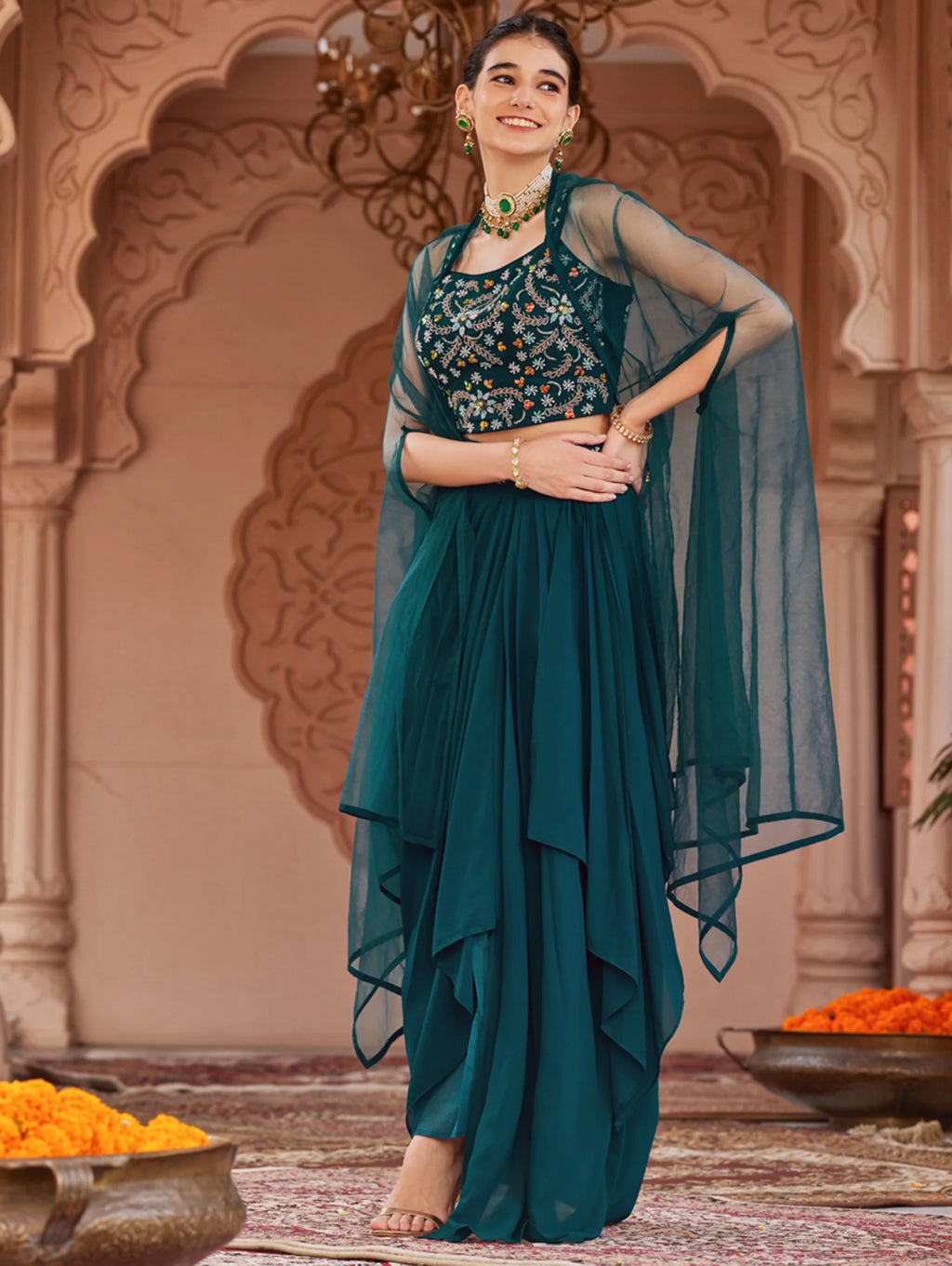 Dark Teal Hand Embroidered Georgette Dress 3967