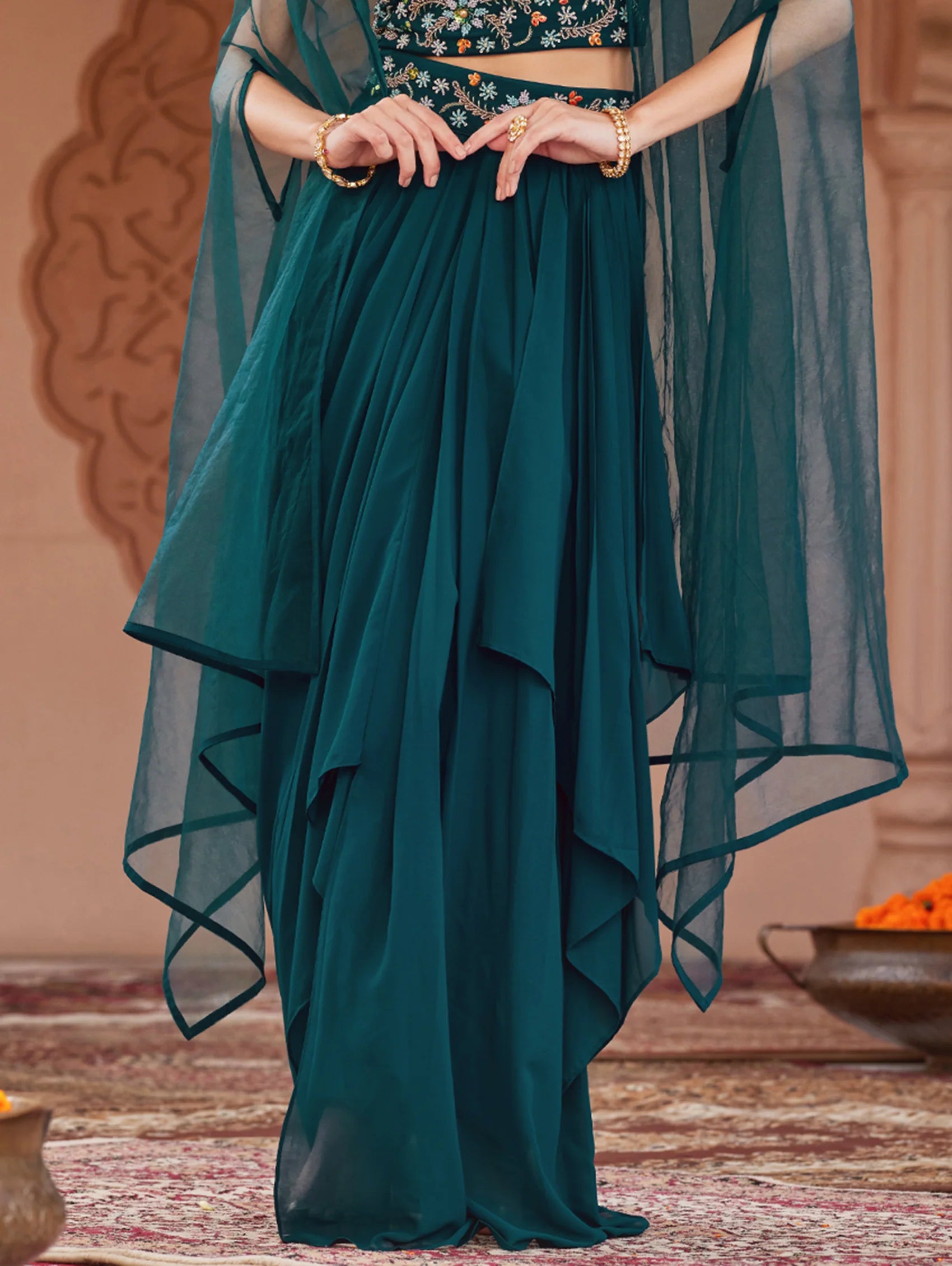 Dark Teal Hand Embroidered Georgette Dress 3967