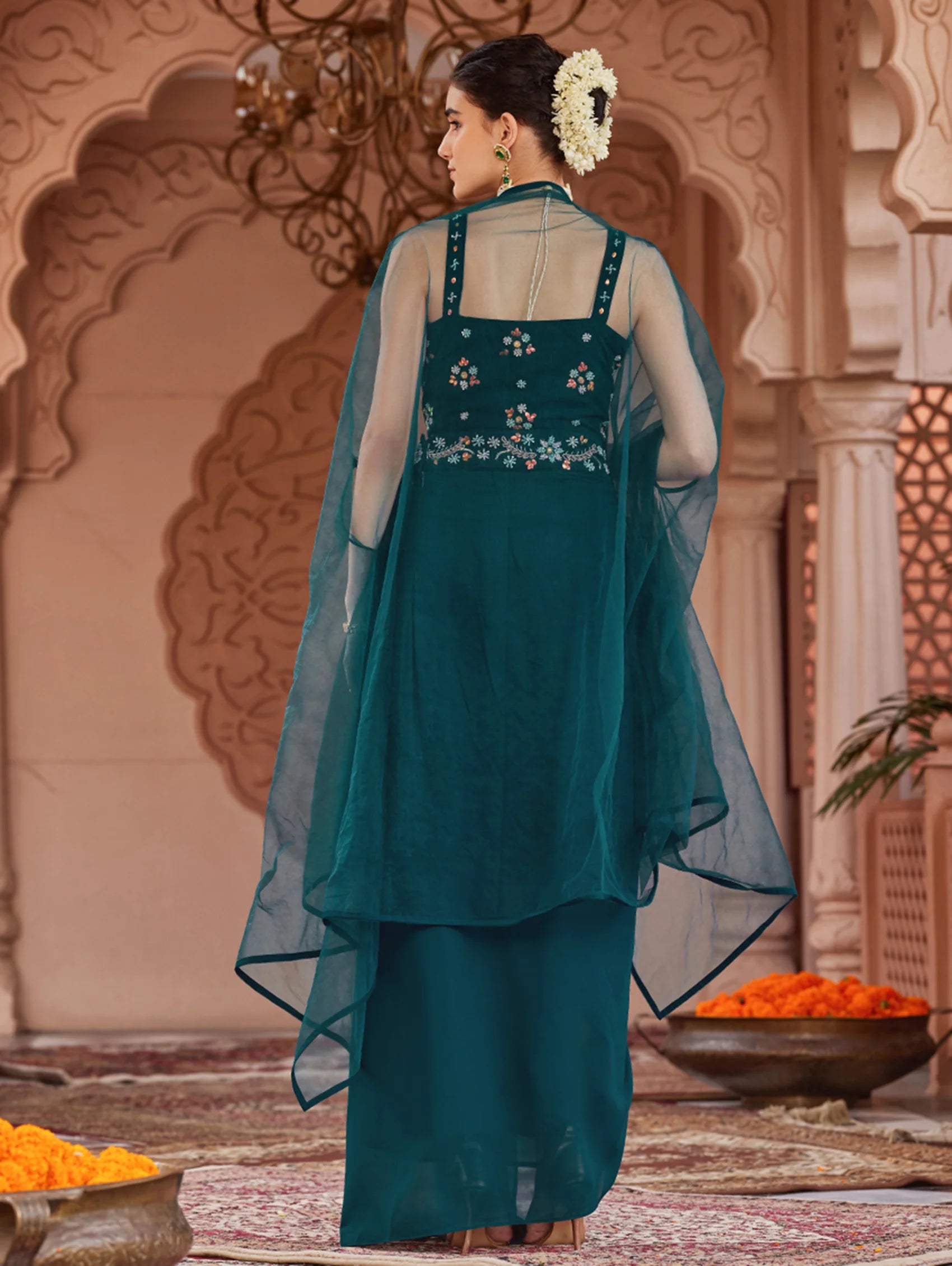 Dark Teal Hand Embroidered Georgette Dress 3967