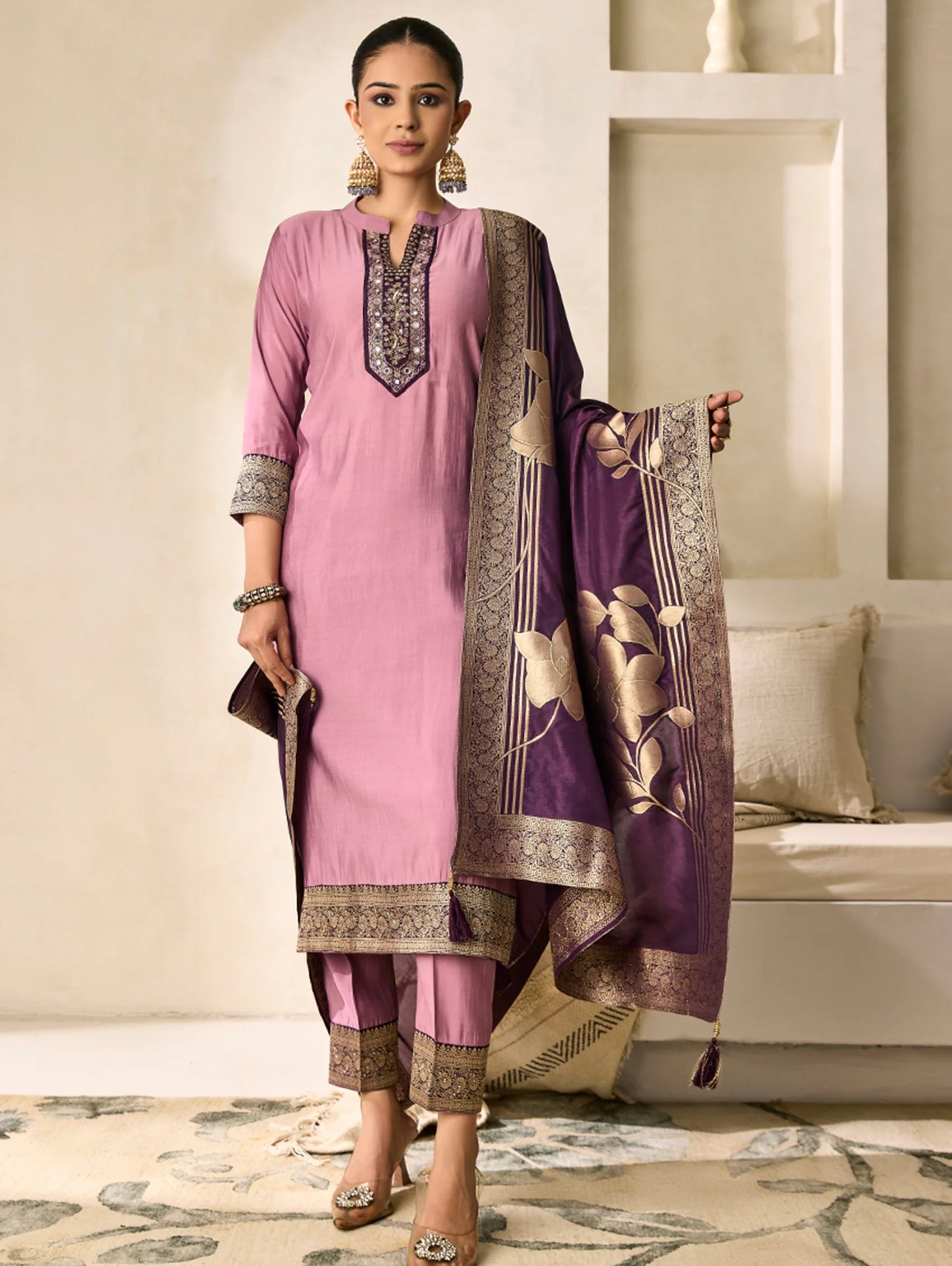 Hand-Embroidered Viscose Silk Suit Set 4290