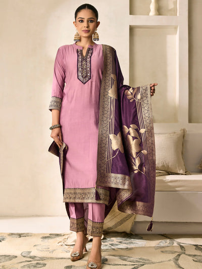 Hand-Embroidered Viscose Silk Suit Set 4290