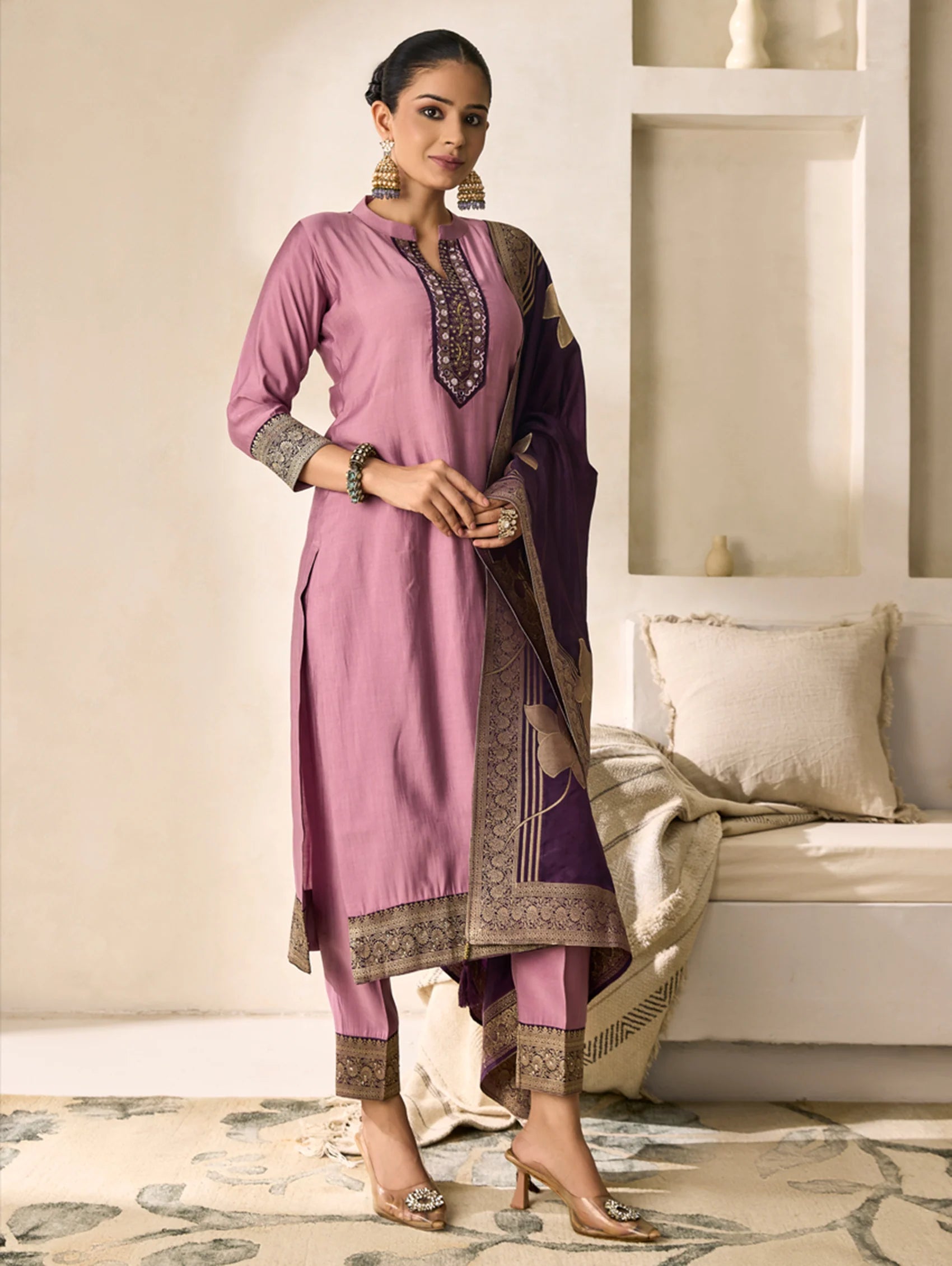 Hand-Embroidered Viscose Silk Suit Set 4290