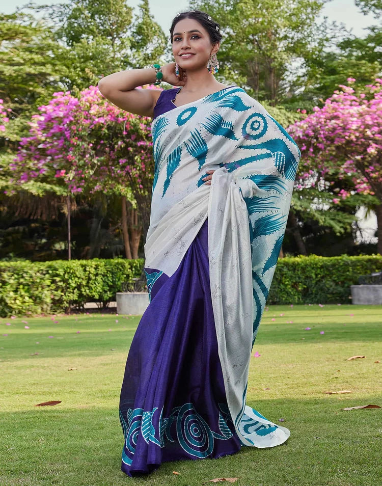 White Cotton Blend Printed Saree