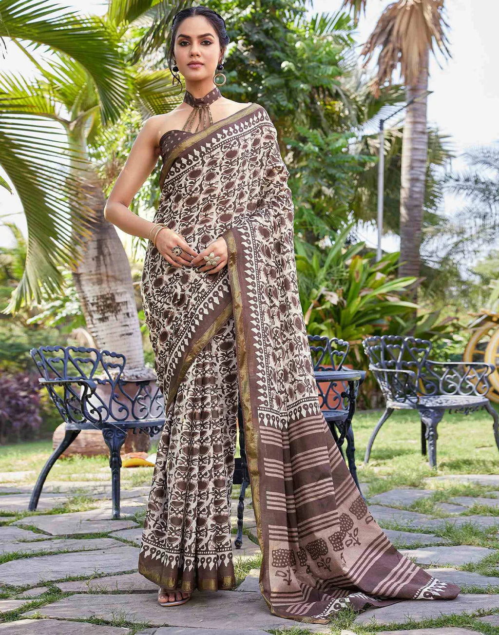 Brown Cotton Printed Saree