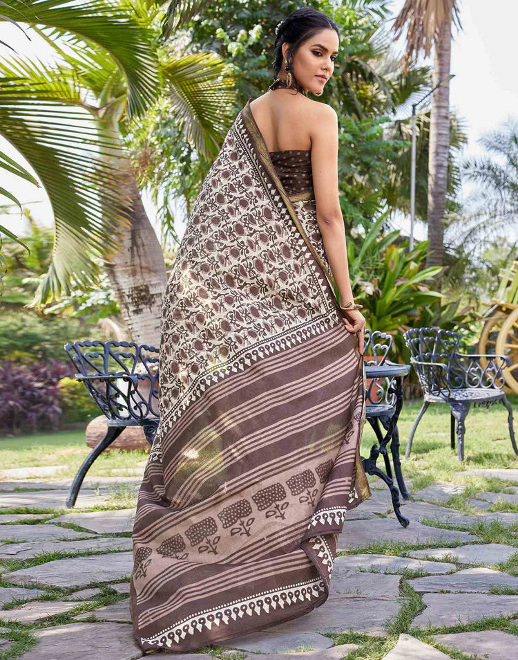 Brown Cotton Printed Saree