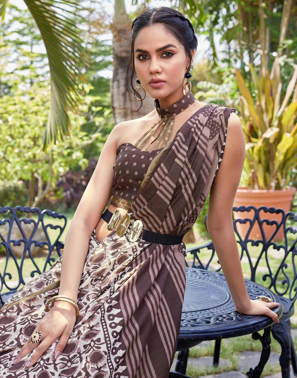 Brown Cotton Printed Saree