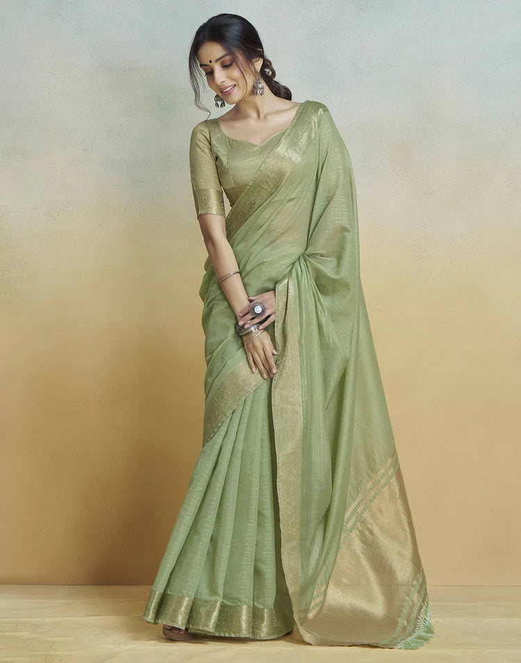Light Green Cotton Woven Zari Stripe Saree