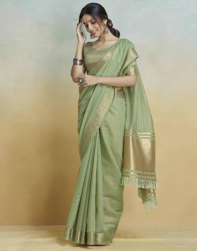 Light Green Cotton Woven Zari Stripe Saree