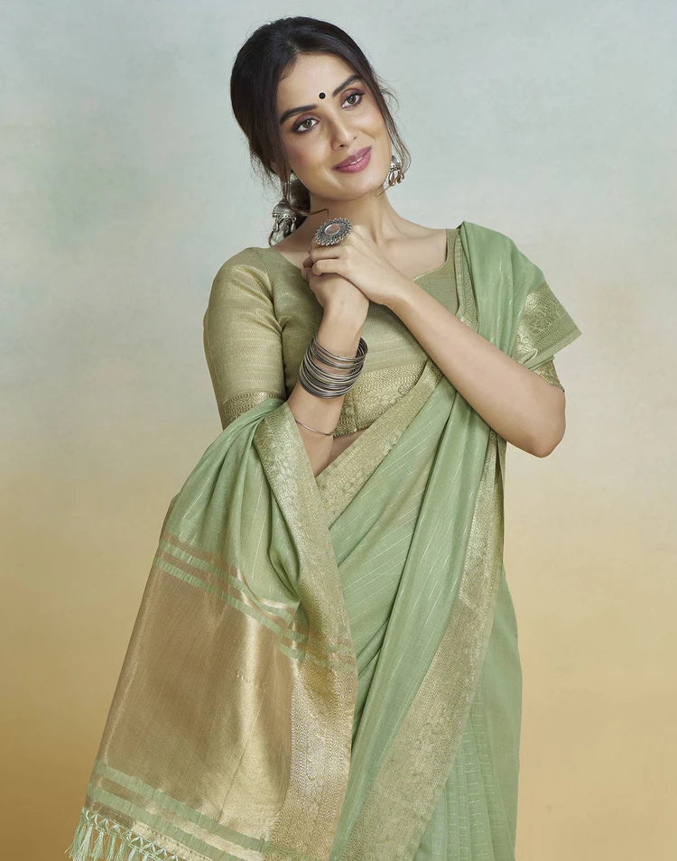 Light Green Cotton Woven Zari Stripe Saree