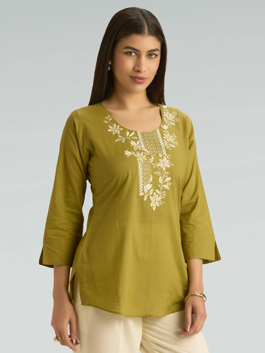 Husk Green Embroidered Pure Cotton Short Kurti