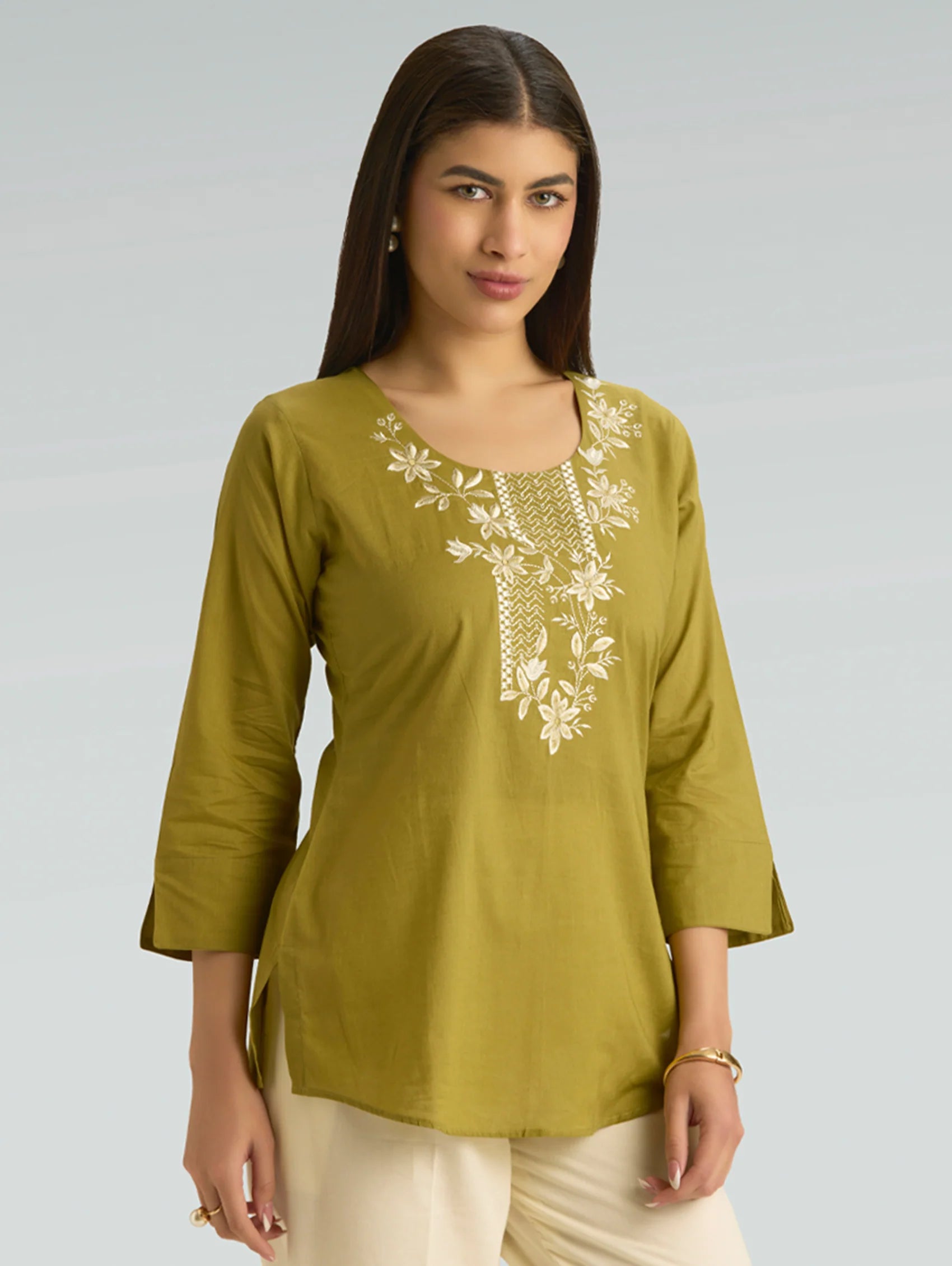 Husk Green Embroidered Pure Cotton Short Kurti