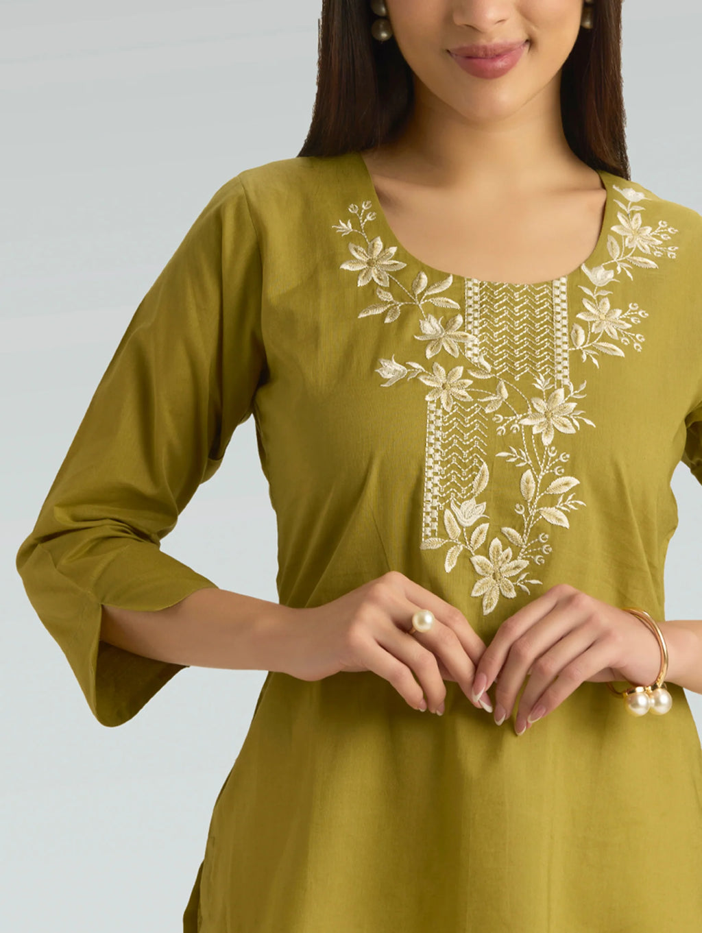 Husk Green Embroidered Pure Cotton Short Kurti