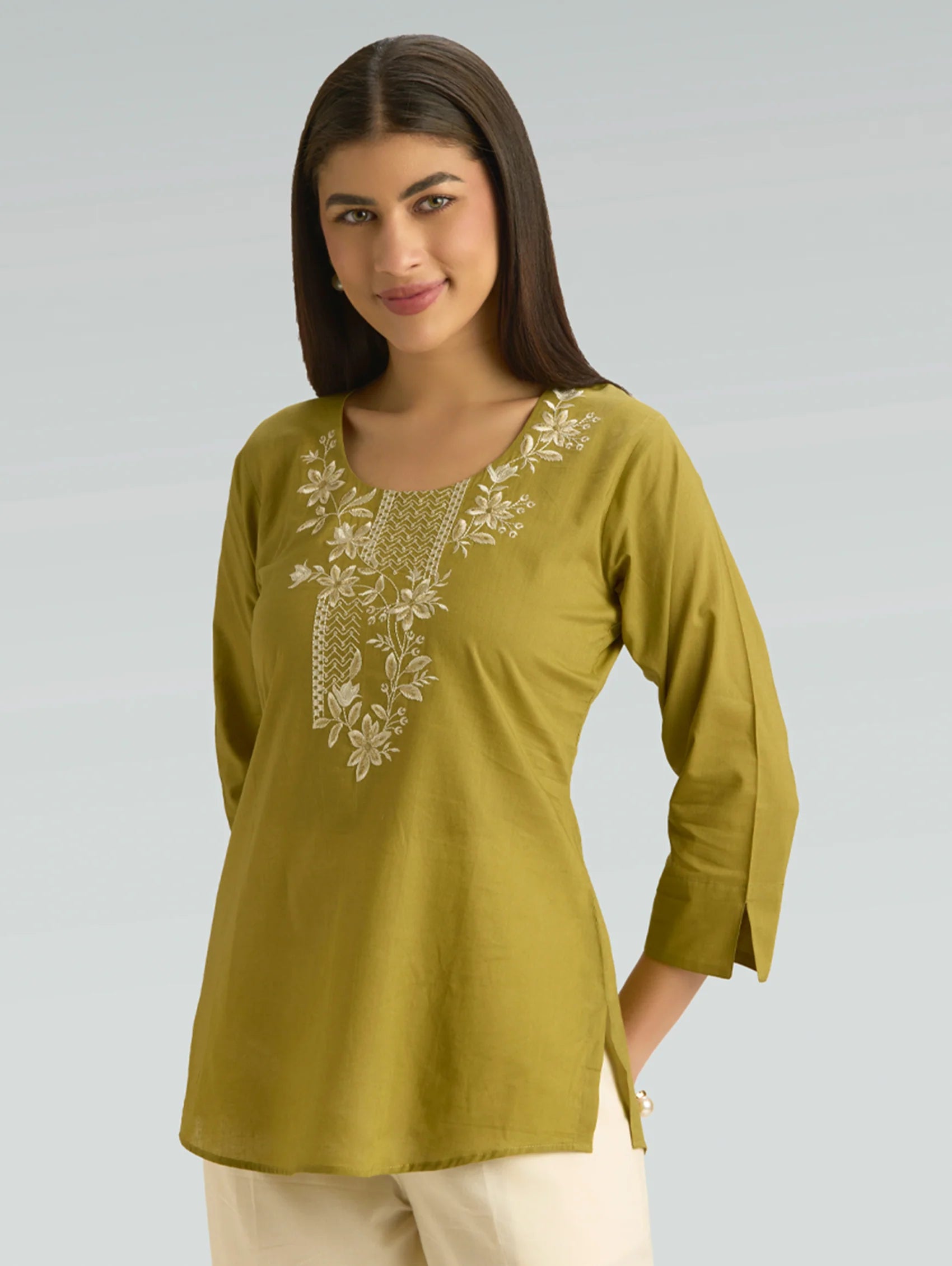 Husk Green Embroidered Pure Cotton Short Kurti