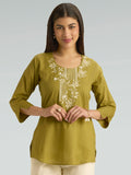 Husk Green Embroidered Pure Cotton Short Kurti