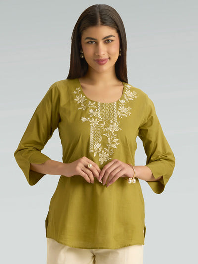 Husk Green Embroidered Pure Cotton Short Kurti