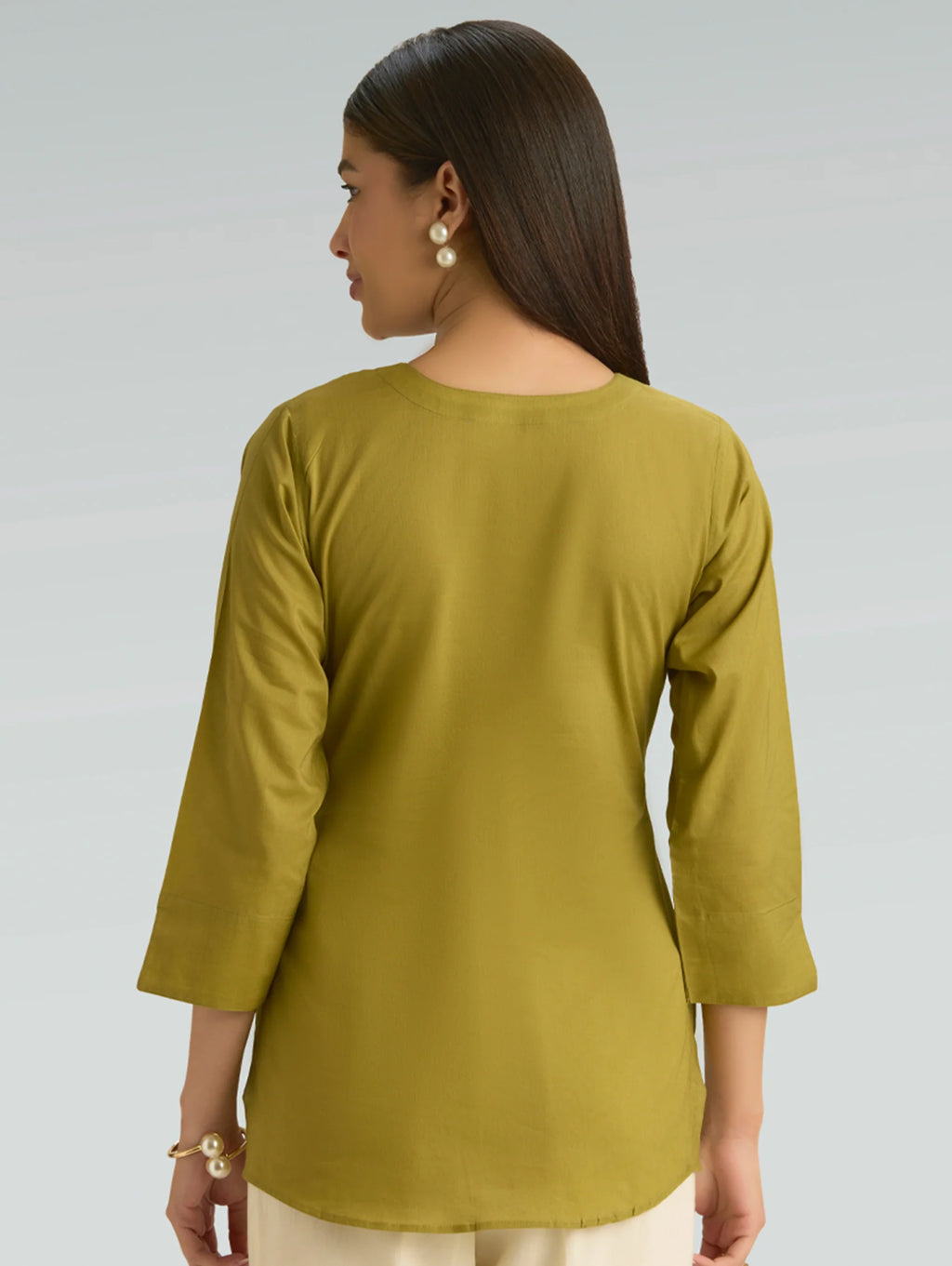 Husk Green Embroidered Pure Cotton Short Kurti