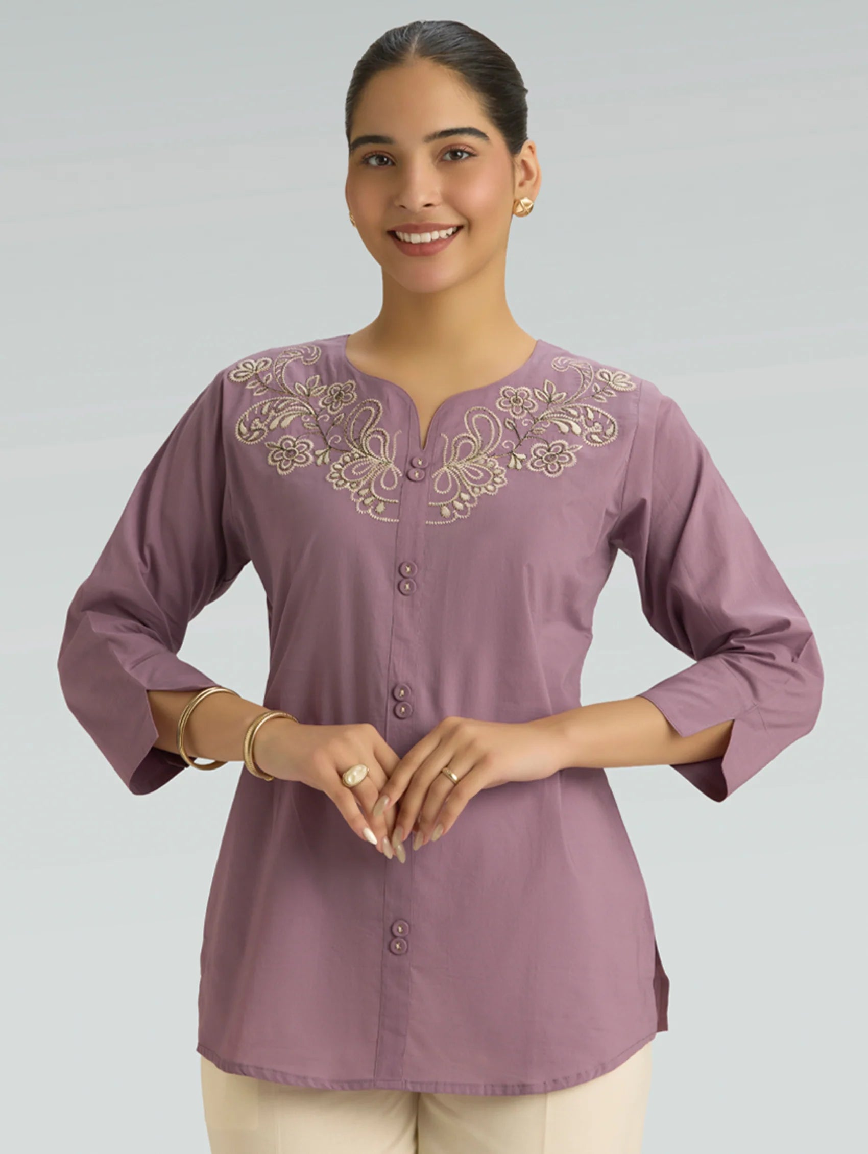 Dusty Mauve Embroidered Pure Cotton Short Kurti