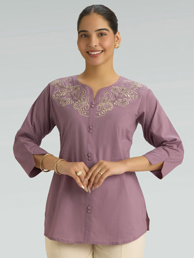 Dusty Mauve Embroidered Pure Cotton Short Kurti