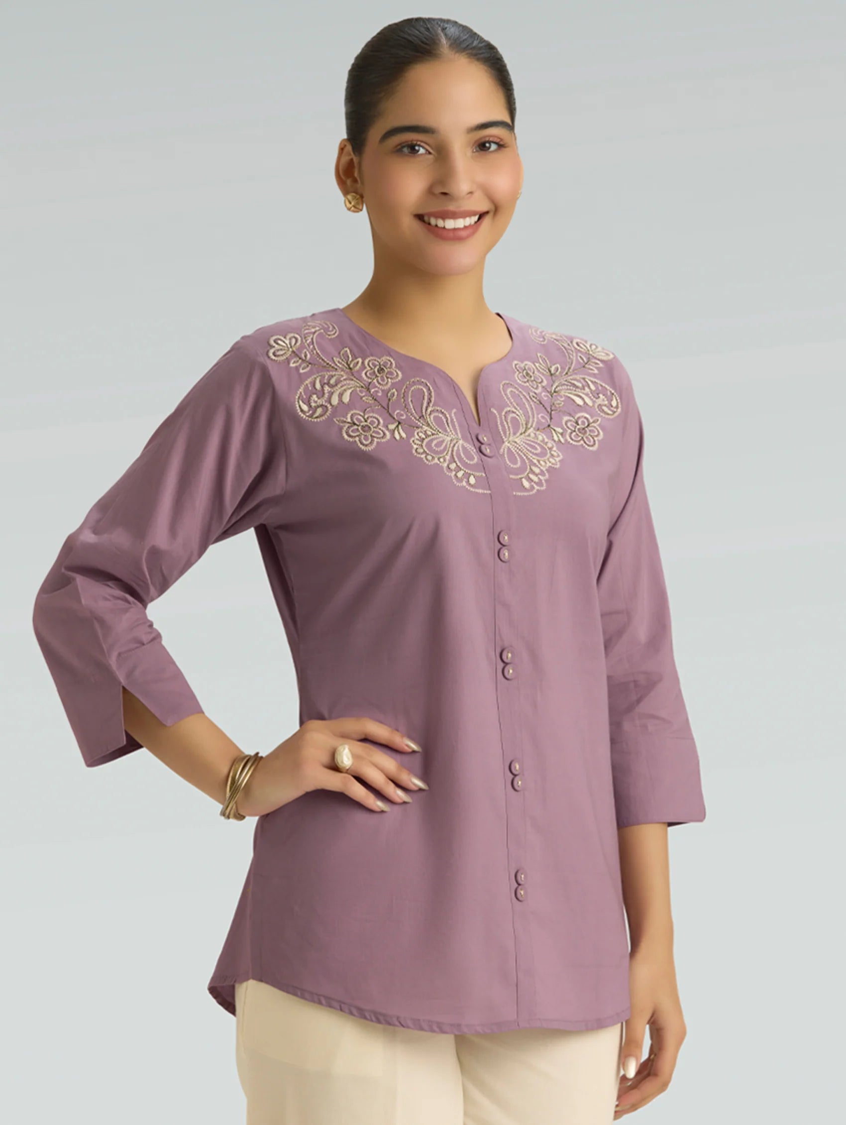 Dusty Mauve Embroidered Pure Cotton Short Kurti