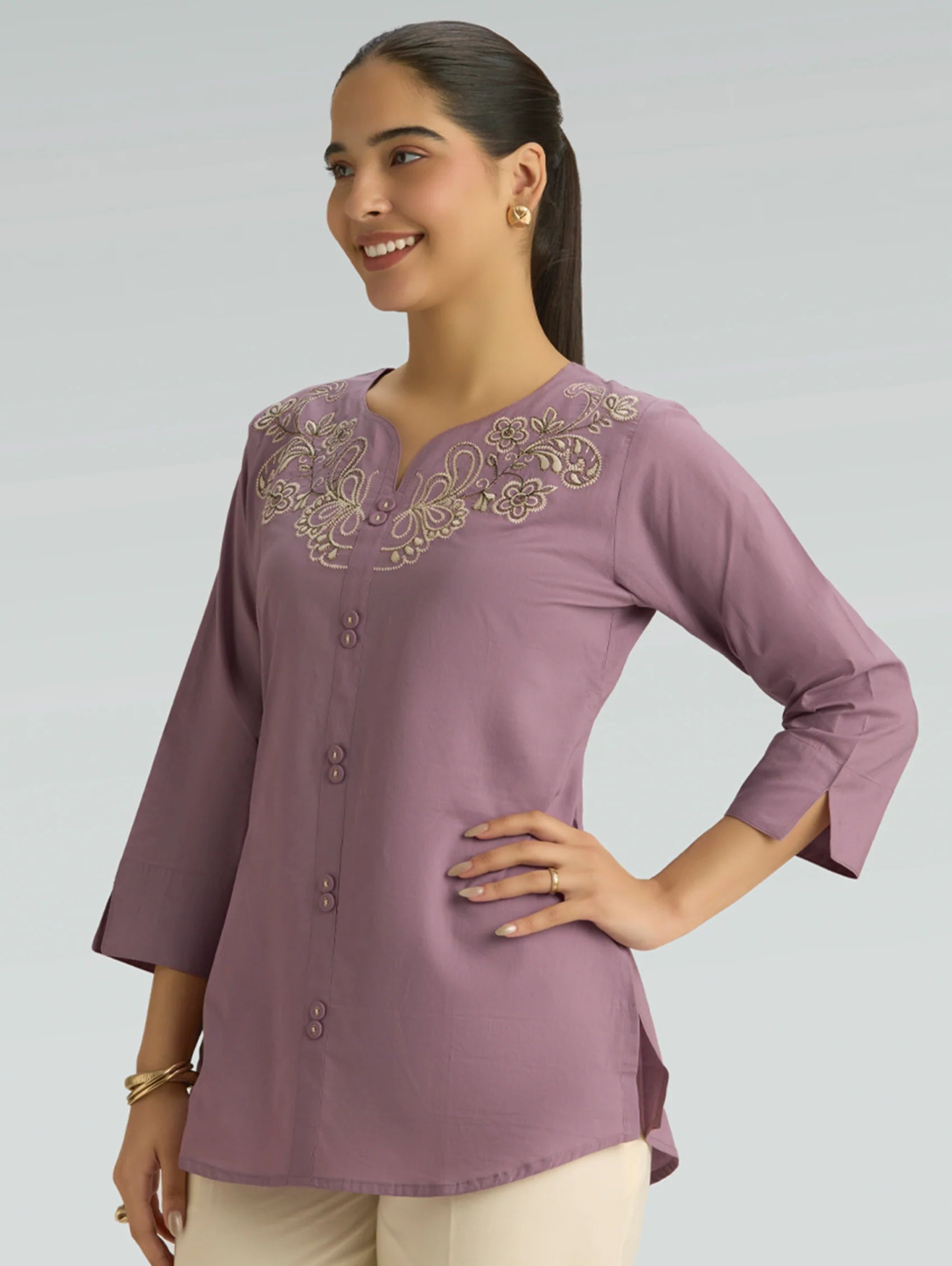Dusty Mauve Embroidered Pure Cotton Short Kurti