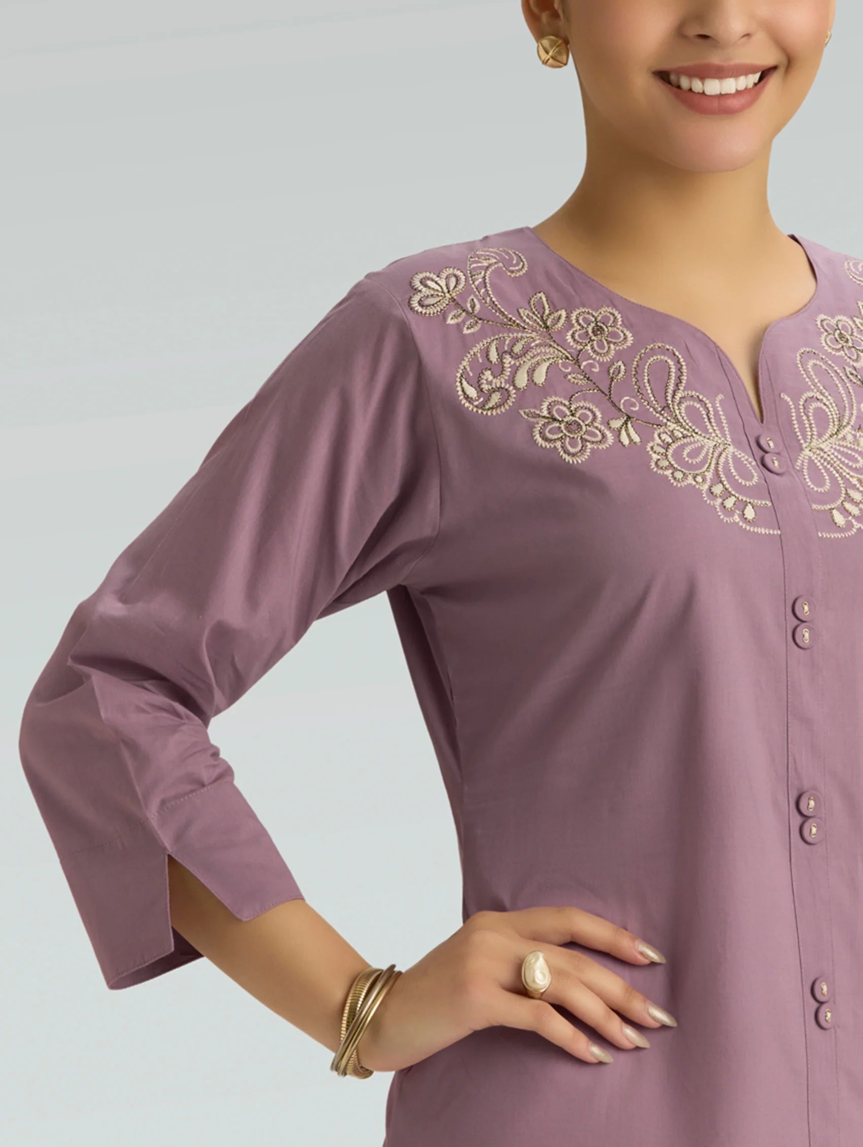 Dusty Mauve Embroidered Pure Cotton Short Kurti