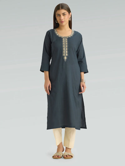 Pickled Bluewood Embroidered Pure Cotton Kurta