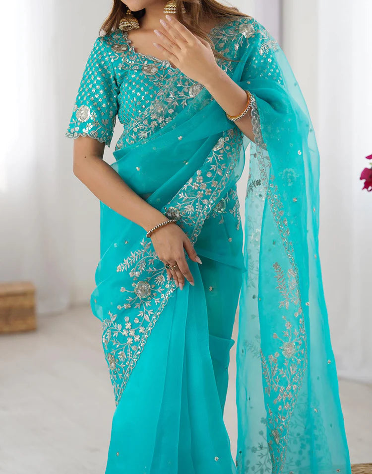 Turquoise Blue Organza Sequence Embroidery Saree