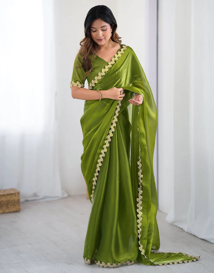 Green Tissue Silk Embroidery Lace Saree