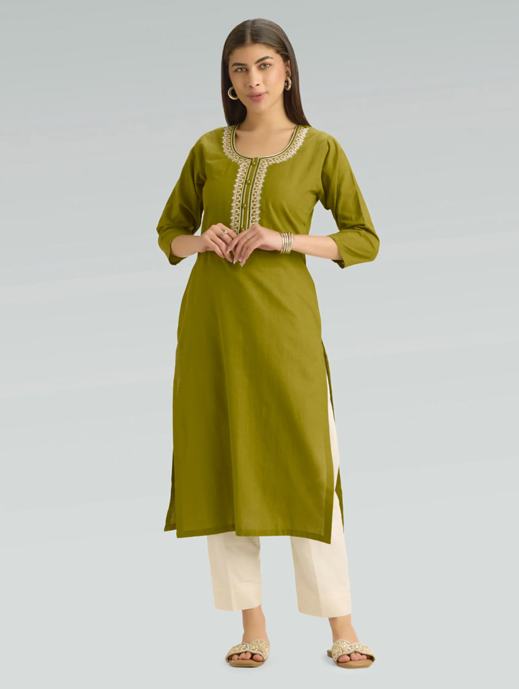 Citron Green Embroidered Pure Cotton Kurta