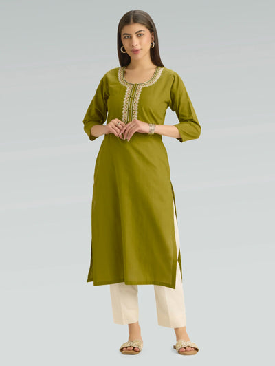 Citron Green Embroidered Pure Cotton Kurta