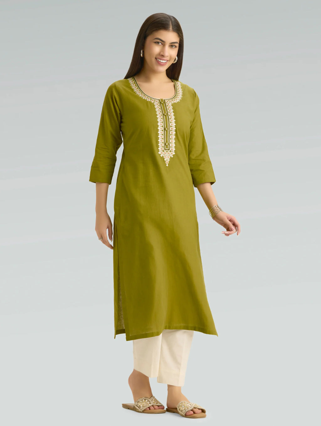 Citron Green Embroidered Pure Cotton Kurta