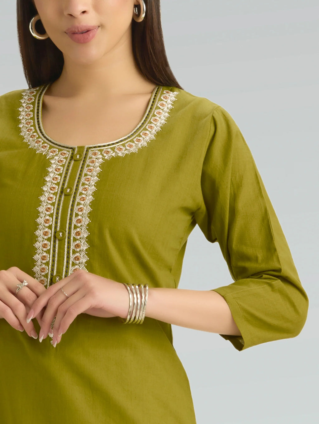 Citron Green Embroidered Pure Cotton Kurta