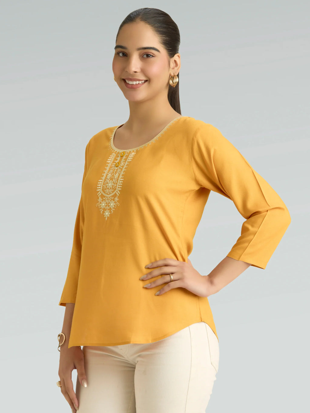 Saffron Mango Embroidered Viscose Rayon Tunic