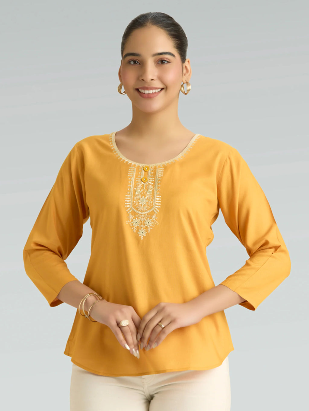 Saffron Mango Embroidered Viscose Rayon Tunic