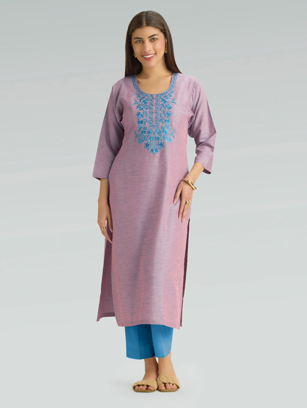Pastel Purple Floral Embroidered Viscose Kurta