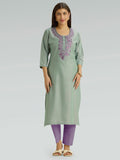 Green Spring Embroidered Cross-Weave Viscose Kurta