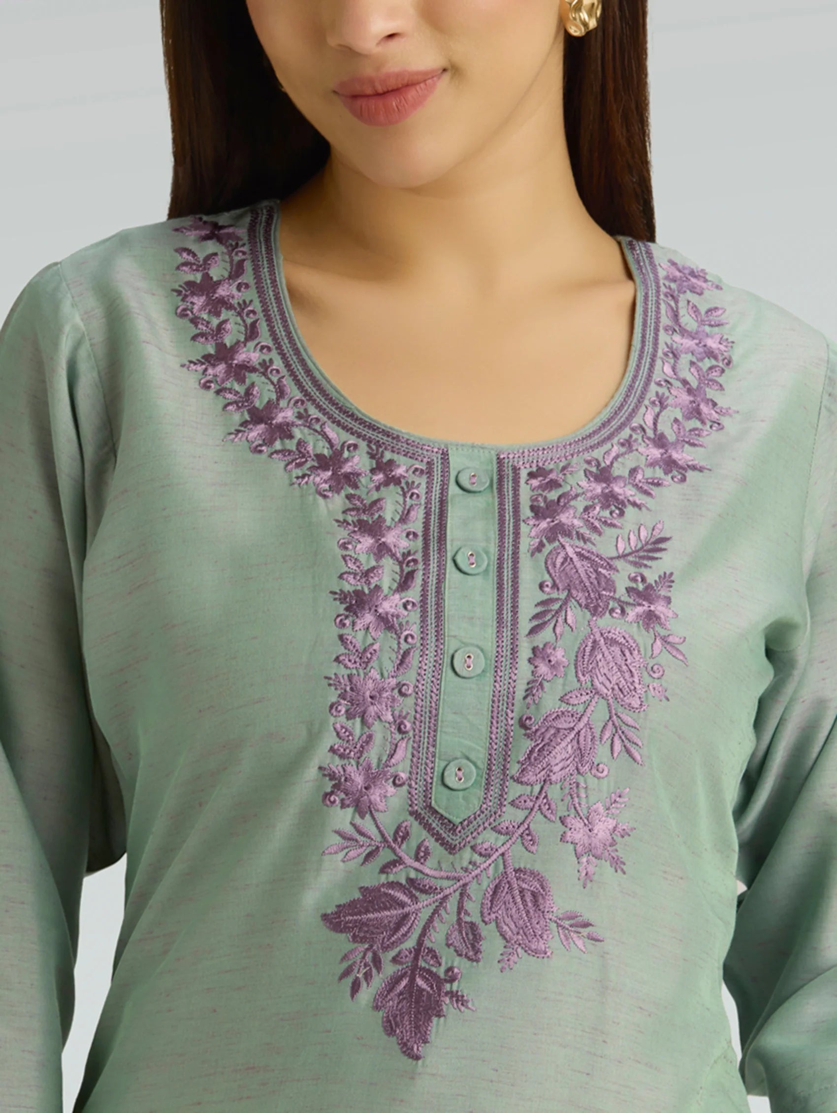 Green Spring Embroidered Cross-Weave Viscose Kurta