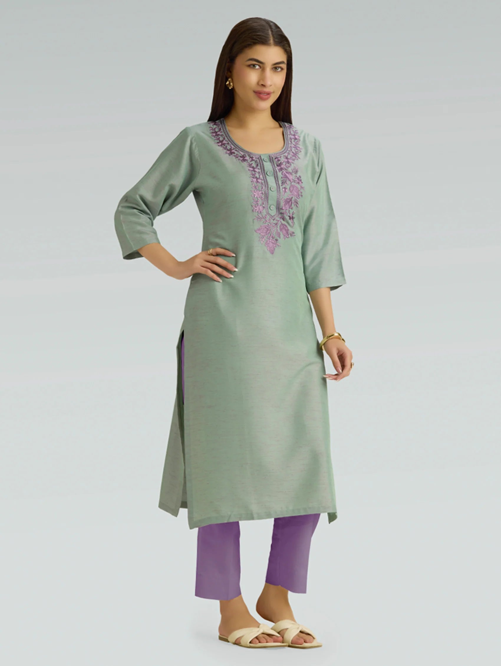 Green Spring Embroidered Cross-Weave Viscose Kurta