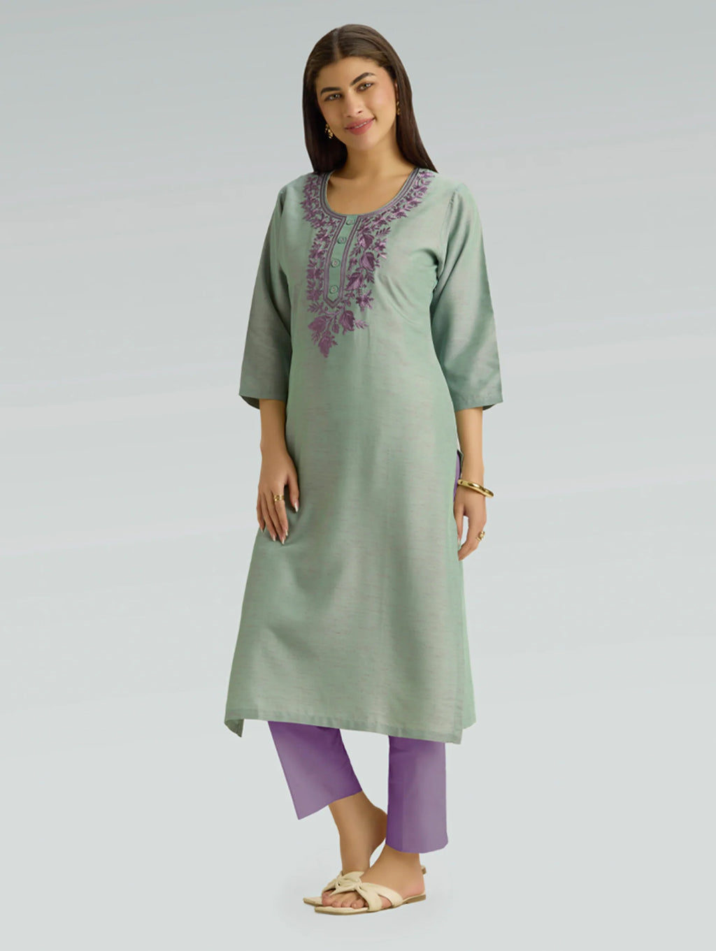 Green Spring Embroidered Cross-Weave Viscose Kurta
