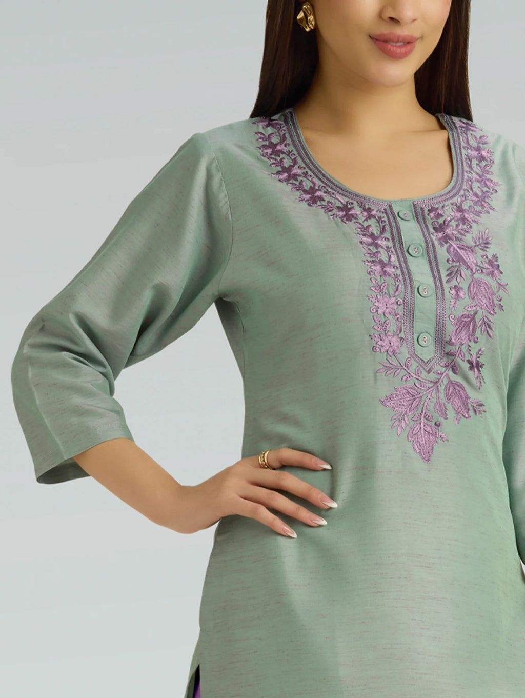 Green Spring Embroidered Cross-Weave Viscose Kurta