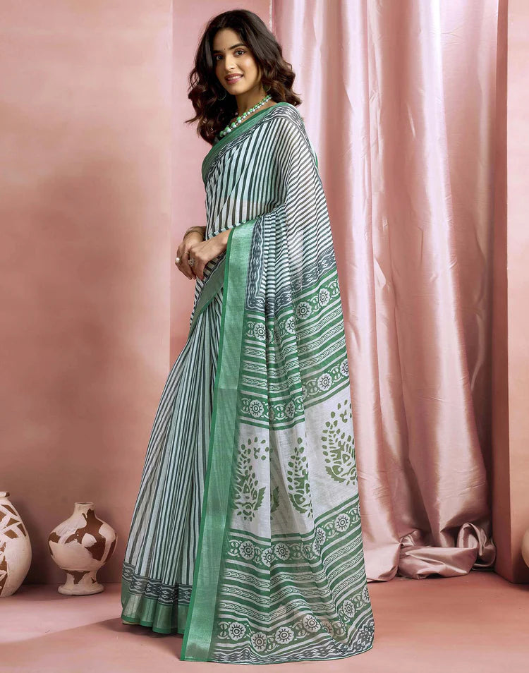 White Cotton Linen Printed Saree