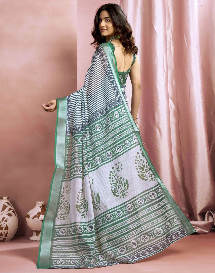 White Cotton Linen Printed Saree